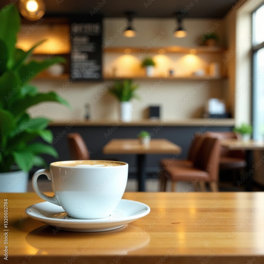 Fototapeta premium Clean, empty coffee table; blurred cafe backdrop , product placement, simple, empty