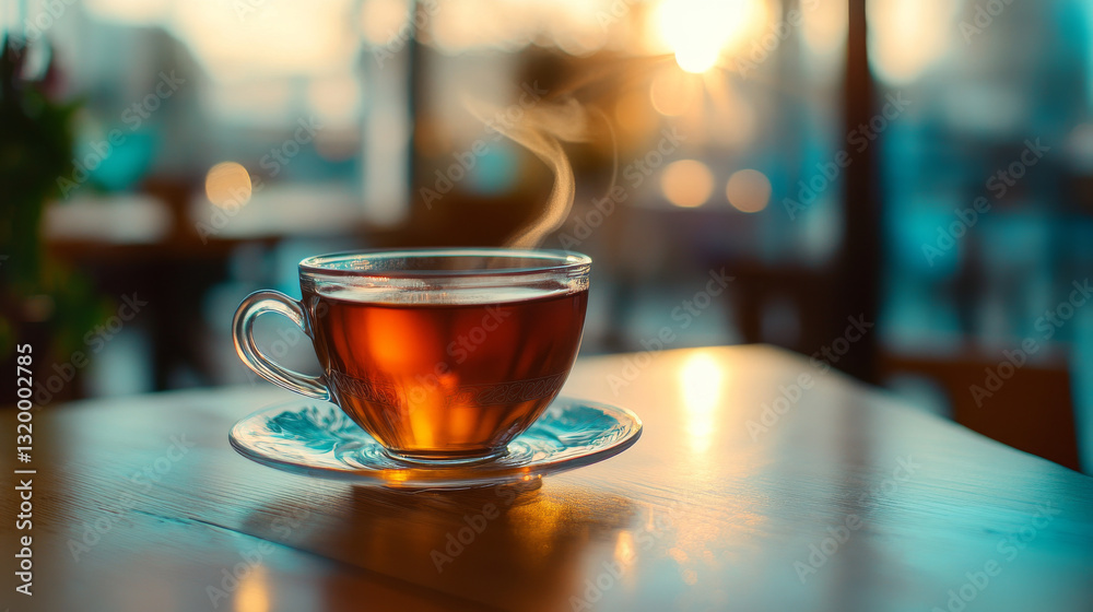 A warm cup of tea set on a table A warm cup of tea set on a table