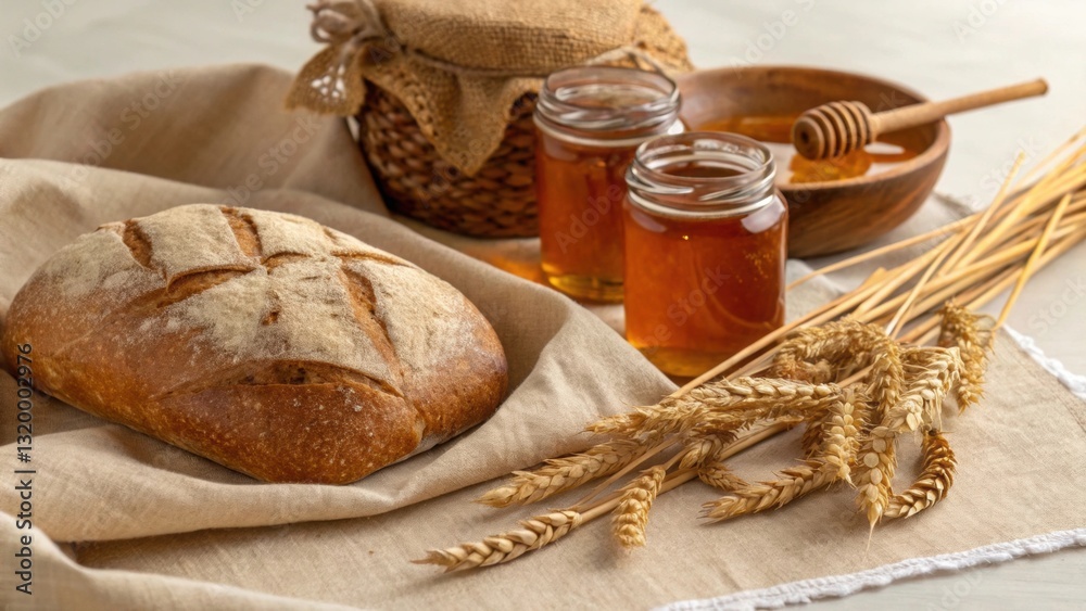 Autumn Food Art. Fresh bread, honey, and wheat on a rustic table, creating a warm and inviting atmosphere. Leaves and autumnal flowers. Autumn Food Art. Fresh bread, honey, and wheat on a rustic table, creating a warm and inviting atmosphere. Leaves and autumnal flowers.