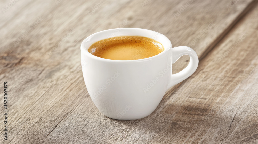 A white cup filled with coffee, sitting on a wooden surface A white cup filled with coffee, sitting on a wooden surface