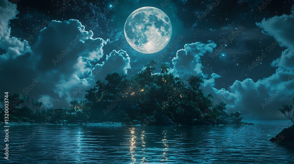 Naklejka premium Serene Island Night Scene Full Moon Tropical Ocean