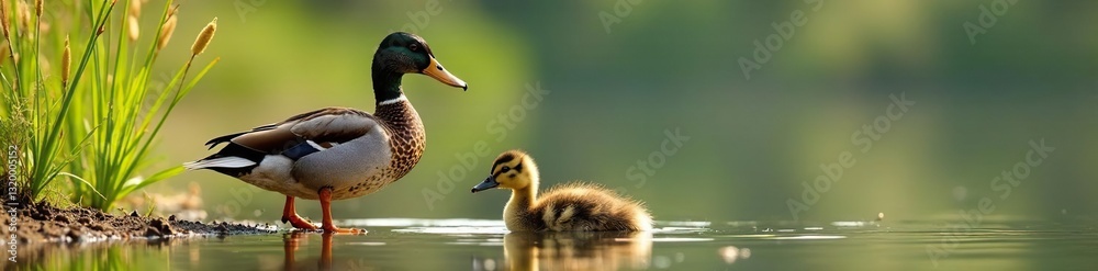 Two adult ducks with ducklings forage near lake shore, reeds in background , grass, parent, wild Two adult ducks with ducklings forage near lake shore, reeds in background , grass, parent, wild