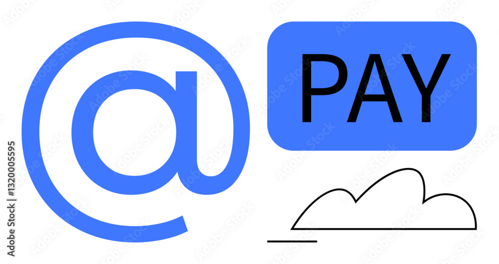 Large blue email symbol adjacent to payment button and simple cloud outline. Ideal for online finance, digital transactions, e-commerce, remote payment, cloud storage, technology, modern economy Large blue email symbol adjacent to payment button and simple cloud outline. Ideal for online finance, digital transactions, e-commerce, remote payment, cloud storage, technology, modern economy