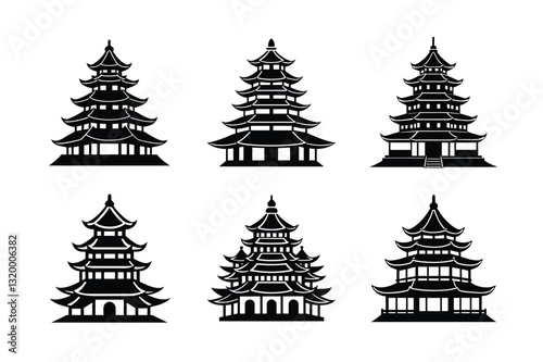 Pagoda vector silhouette art illustration bundle