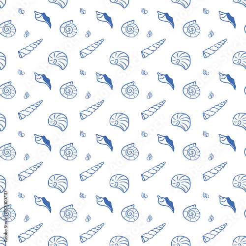 Seashells seamless patterns, blue hand drawn ocean life pattern