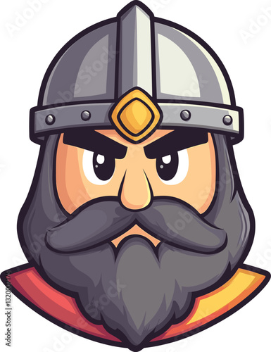 Warrior character featuring a fierce expression and a helmet with a prominent beard cartoon isolated on transparent background. Vector illustration.
