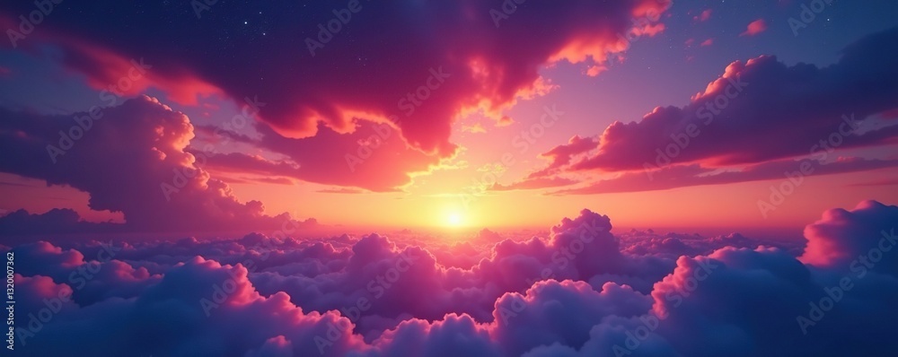 Fototapeta premium Sunset hues paint a twilight sky, stars emerging through clouds , heavens, horizon, nature