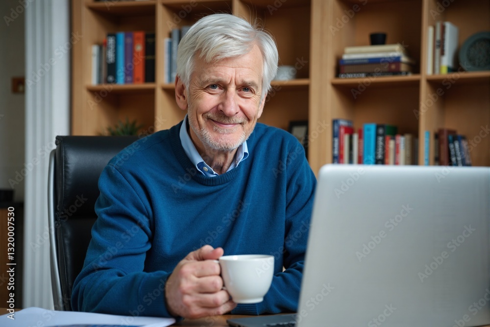 A smiling senior man enjoys a cup of coffee while using his laptop in a cozy home office with a bookshelf backdrop, radiating a peaceful and intellectual lifestyle