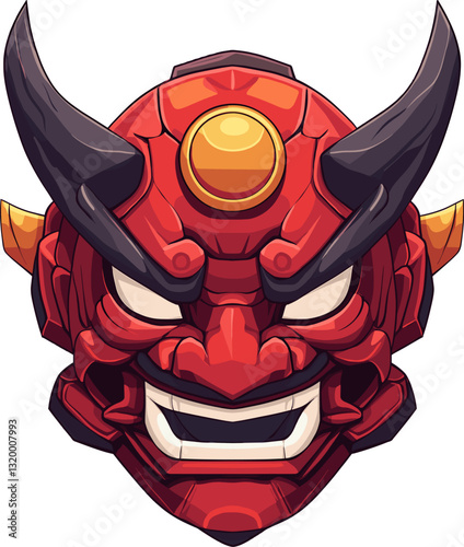 Red demon mask with bold features and sharp horns cartoon isolated on transparent background. Vector illustration.
