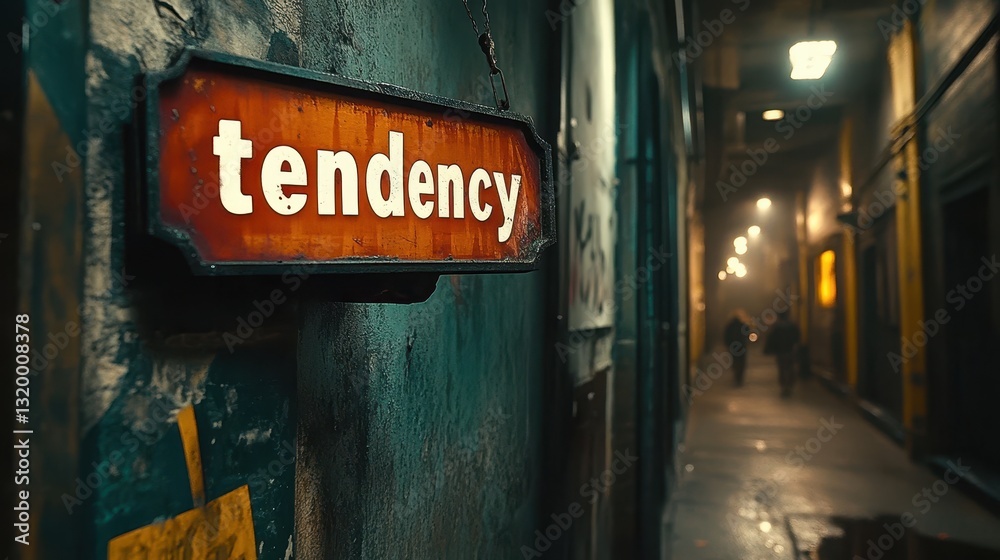 Fototapeta premium An Urban Setting Illuminated by a Vintage Neon Sign Reading 'Tendency' Adding Character and Ambiance to a Narrow Alleyway at Night