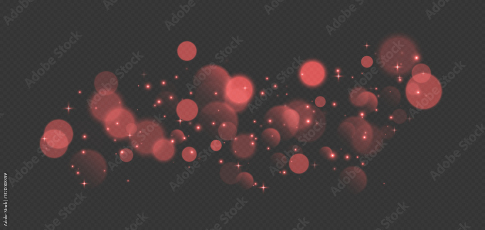 Red bokeh with stars and sparkles, shiny overlay decoration isolated on grey background. Vector illustration.