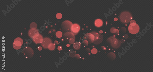 Red bokeh with stars and sparkles, shiny overlay decoration isolated on grey background. Vector illustration.