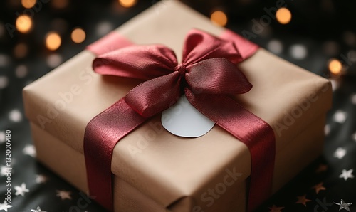 Wrapped Gift Box with Ribbon and Bow on Starry Background