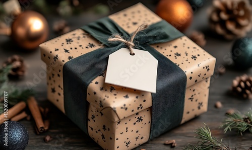 Wrapped Holiday Gift with Ribbon and Tag on Wood Table