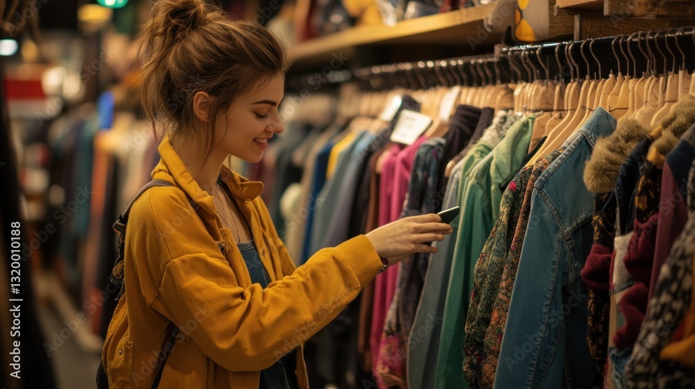 Fototapeta premium Young Woman Shopping for Vintage Clothes in a Boutique