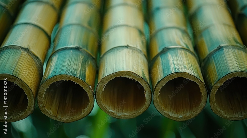 Close-up of cut bamboo stalks. Hollow centers visible. Green background is blurry Close-up of cut bamboo stalks. Hollow centers visible. Green background is blurry