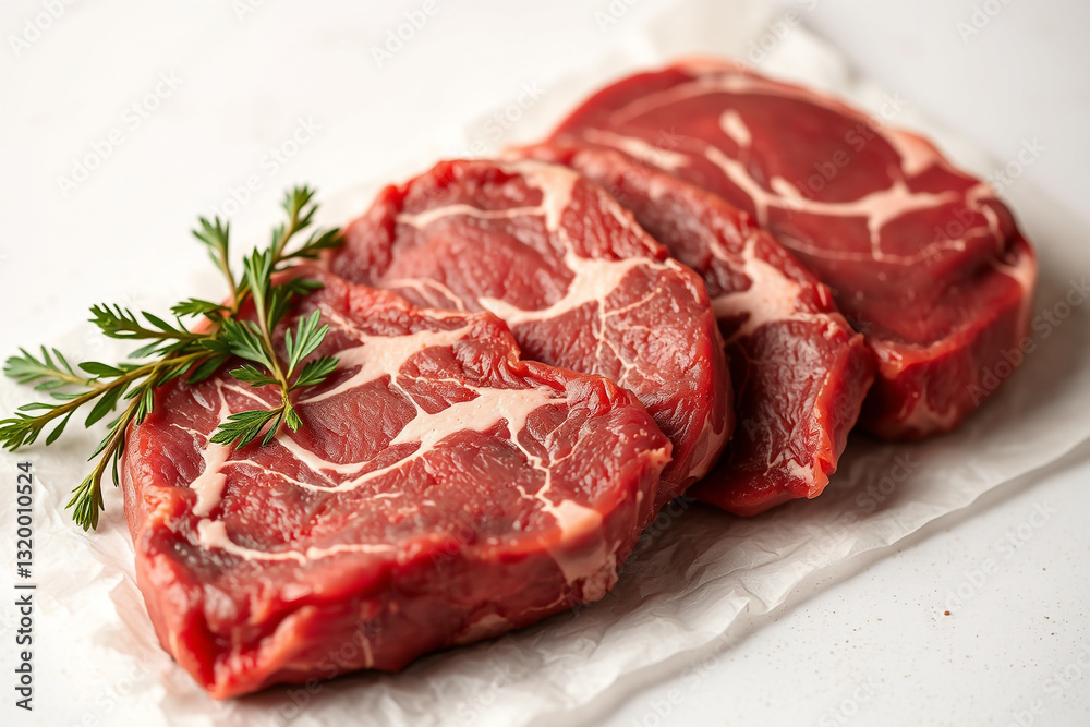 Fresh Marbled Ribeye Steaks on Parchment with Thyme Sprigs for Culinary Perfection Fresh Marbled Ribeye Steaks on Parchment with Thyme Sprigs for Culinary Perfection