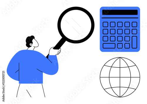 Individual holding magnifying glass, calculator, and globe emphasize analytics, research, business, finance, problem-solving, global perspective and data interpretation. Ideal for professional flat