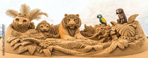 A sand sculpture depicts various wildlife and animals in a scene