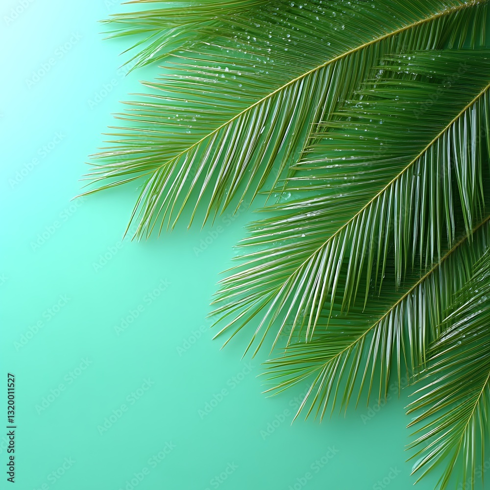 Fototapeta premium Fresh Green Palm Leaves on Teal Background for Summer Tropical Design