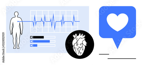 Human figure beside ECG line graph, heart graphic, and heart icon in speech bubble. Ideal for healthcare, cardiology, medical apps, fitness, health tracking, diagnostic tools flat simple metaphor