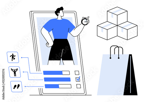 Athlete on mobile screen with activity icons, progress bars, boxes, and shopping bag suggesting online fitness tracking, e-commerce, delivery, and lifestyle management. Ideal for health, tech
