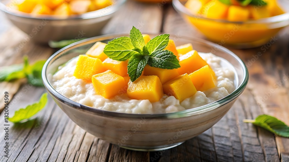 Creamy Rice Pudding with Mango and Mint on a White Background Creamy Rice Pudding with Mango and Mint on a White Background