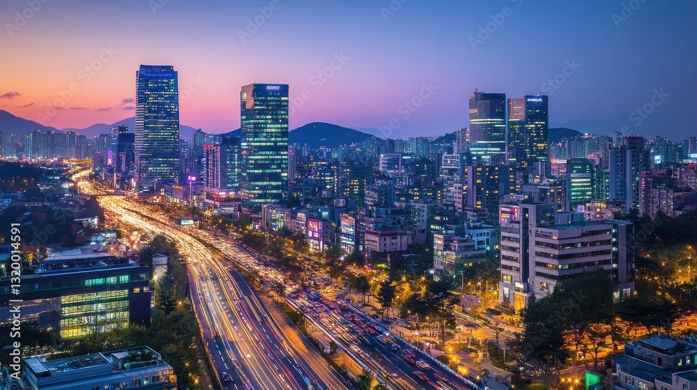 Naklejka premium Seoul Cityscape at Twilight: A Vibrant Panorama of Skyscrapers and City Lights