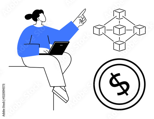 Woman sitting with laptop, pointing towards blockchain network and dollar coin. Ideal for blockchain, cryptocurrency, finance, digital transactions, technology, innovation education. Flat simple