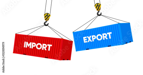 Two cargo containers with import and export. Port crane lift two cargo containers. Transport logistic. Vector illustration.