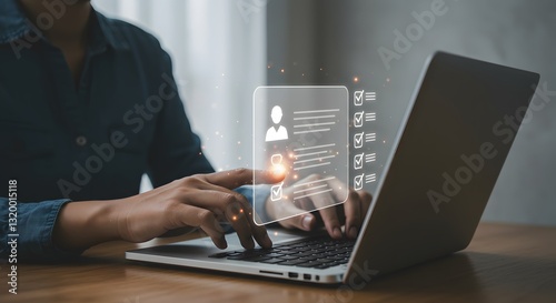 Online assessment and survey concept. A person interacts with virtual checklist on laptop, symbolizing online assessments, surveys, exams, or quizzes.