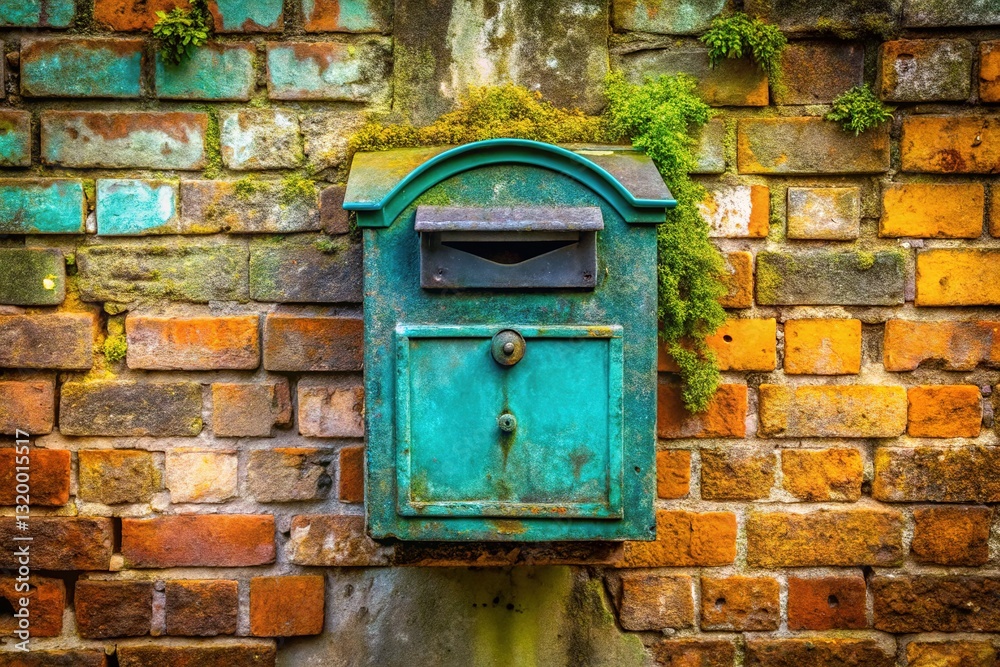 Aged brick mailbox, teal accents, glowing softly. Aged brick mailbox, teal accents, glowing softly.