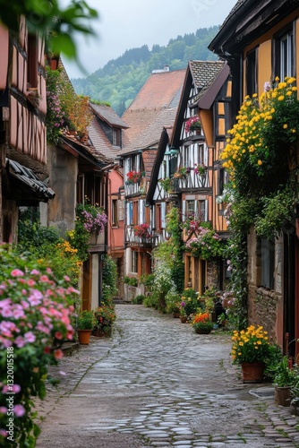 Village street view. Old buildings with flowers. Cobblestone road in town. Summer scene. Beautiful architecture. Colorful plants climb the walls.