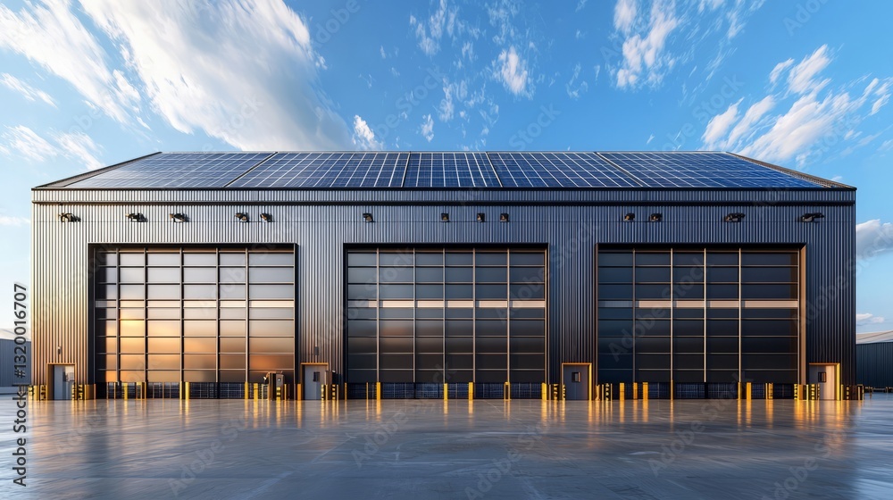 Modern Industrial Warehouse with Solar Panels and Clear Blue Sky Modern Industrial Warehouse with Solar Panels and Clear Blue Sky