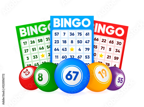 Lottery tickets and number balls. Lotto bingo cards with numbers, keno gambling. Colorful betting sheets with lucky numbers. Gaming industry and casino advertising. Vector Illustration.