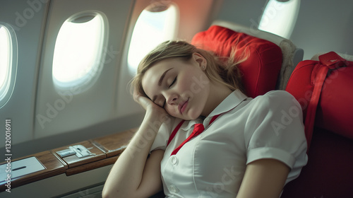 A fatigued stewardess takes a quiet break inside the aircraft