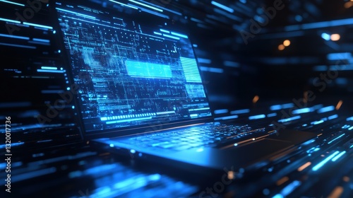 Cyber security and insurance concept with futuristic laptop glowing in blue light and digital screen effects showcasing protection measures