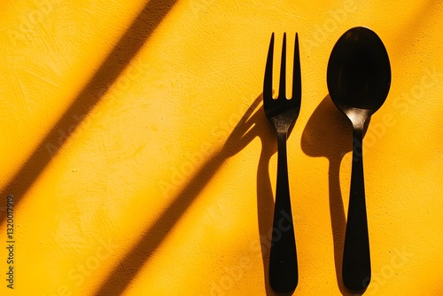 Black Spoon and Fork on Vibrant Yellow Background with Dramatic Sunlight Shadows