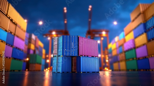 Stacked shipping containers in a colorful port environment at twilight
