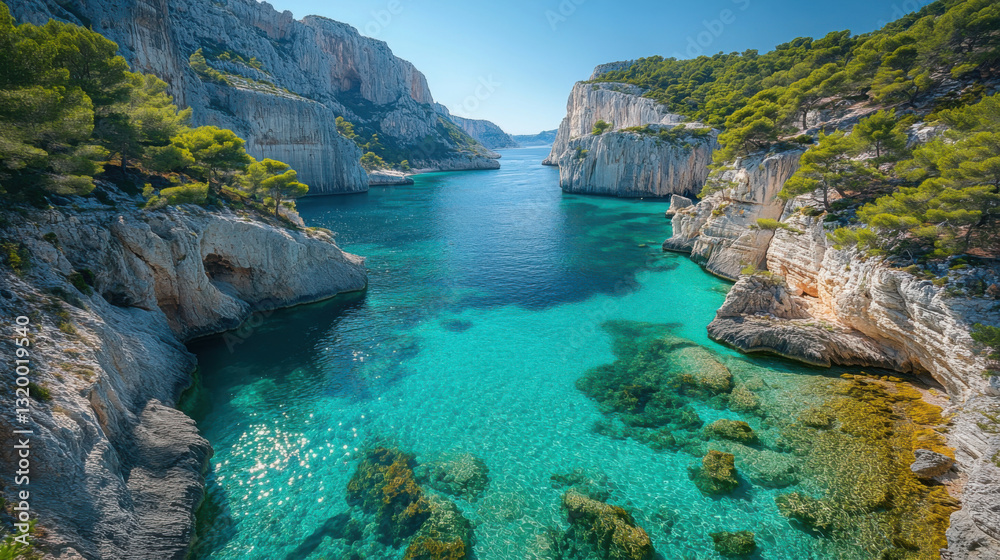 Naklejka premium Rocky cliffs meet clear sea. Azure water shines. Green trees grow along the top. A bright day for a coastal nature scene.