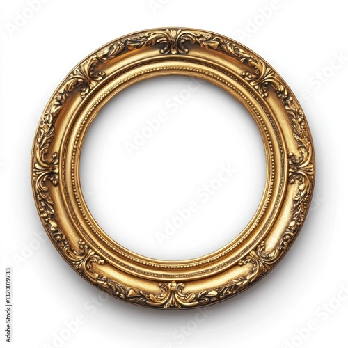 Ornate gold round frame isolated on white.