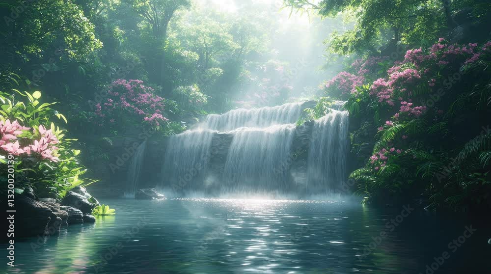 A serene waterfall surrounded by lush greenery and vibrant flowers, creating a tranquil atmosphere. Seamless looping 4k video background 