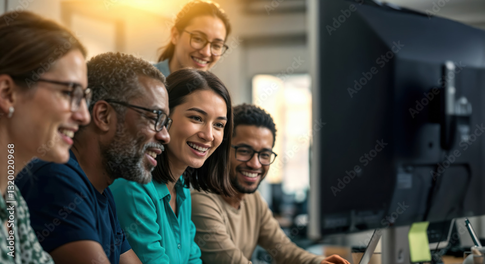 Obraz premium A group of five coworkers sits together at a workspace, smiling and chatting as they look at a computer screen. The atmosphere is cheerful and collaborative, typical of a busy afternoon in the office