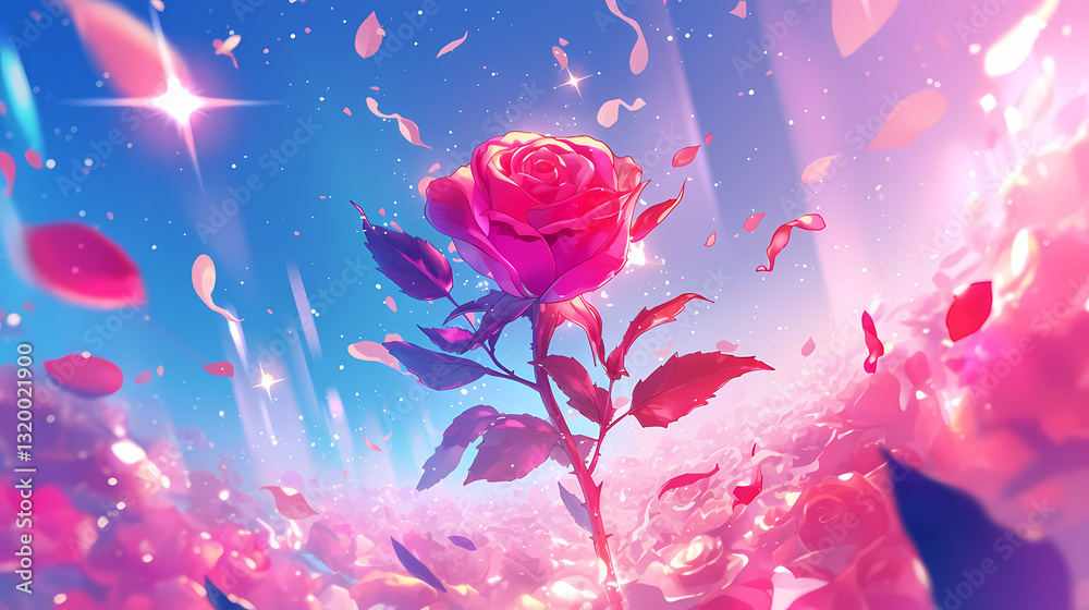 A vibrant pink rose surrounded by floating petals under a starry sky, symbolizing beauty and love A vibrant pink rose surrounded by floating petals under a starry sky, symbolizing beauty and love