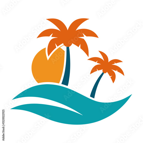 Palm Tree, Sun & Island Vector Illustration - Cartoons, Clipart, Line Art Design, Tropical palm tree, sun & island vector design for summer-themed digital products