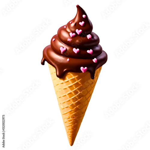 ice cream cone with a chocolate-coated scoop topped with heart-shaped sprinkles