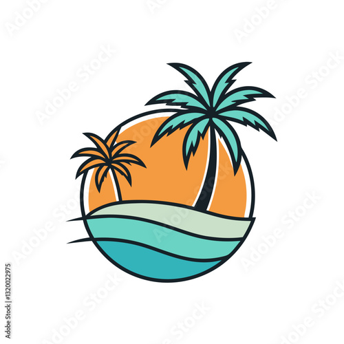 Palm Tree, Sun & Island Vector Illustration - Cartoons, Clipart, Line Art Design, Tropical palm tree, sun & island vector design for summer-themed digital products