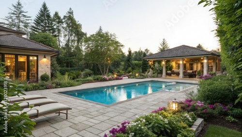 Wallpaper Mural Serene Backyard Oasis: Luxury Pool, Patio, Lush Greenery - Stock Photo Torontodigital.ca