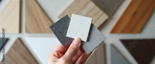 Interior designer compares quartz stone sample with other materials. Close-up. photo