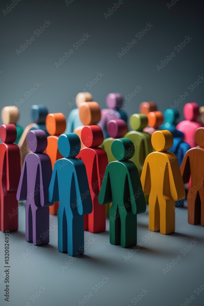 Groups of colorful wooden figures on a gray backdrop. The concept of segmentation. Target audience, customer service. Market segment of buyers. Customer relationship management. Selective focus.